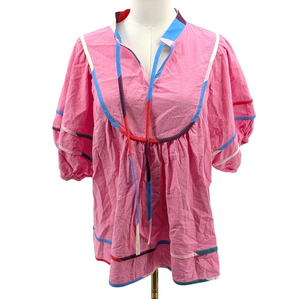 CiCy Bell Blouse L Pink Cotton Puff Sleeve Colorblock Babydoll‎ Boho Womens